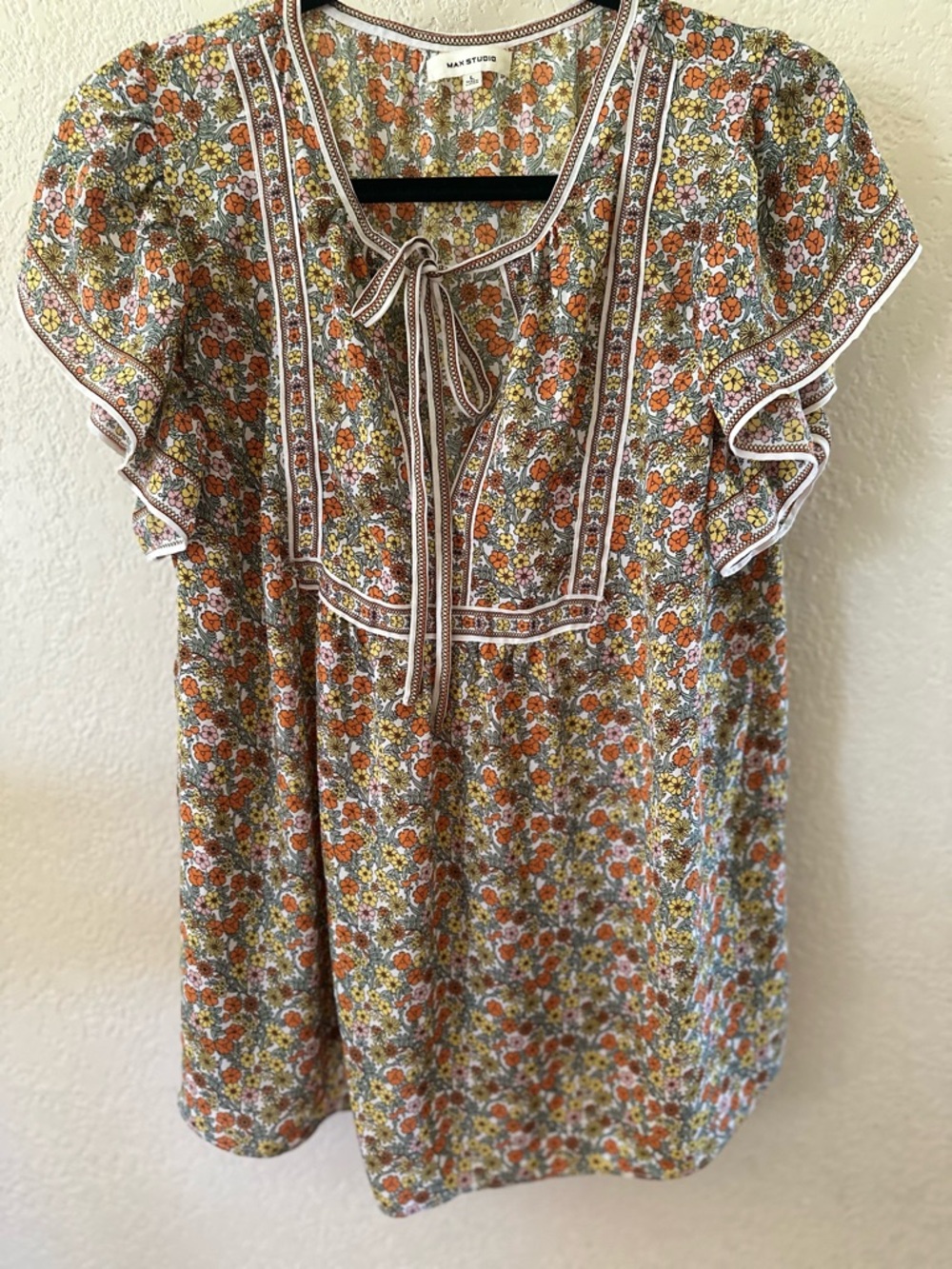 Max Studio Floral Tie-Neck Tunic in Orange, Yellow & Cream